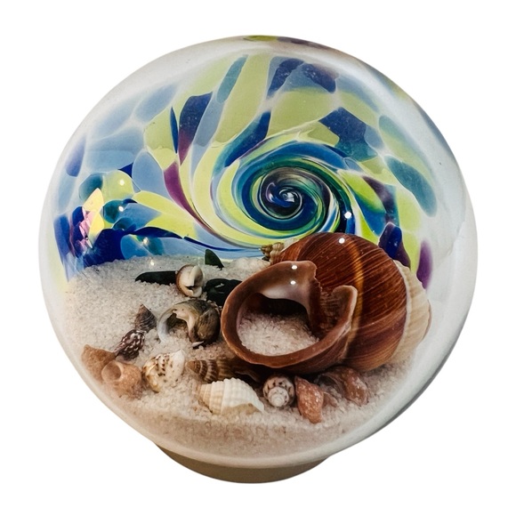 Glass Eye Studio Hand Blown Glass Sphere with Florida Sand & Shells Paperweight - Picture 1 of 8